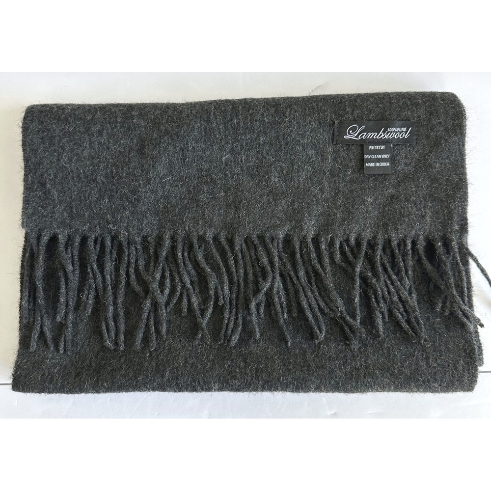 Unisex 100% Lambswool Scarf Charcoal‎ Gray Fringe Men's 12x62 in Quiet Luxury